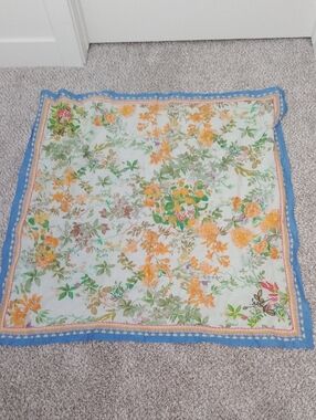 Floral Square Scarf with Blue Border